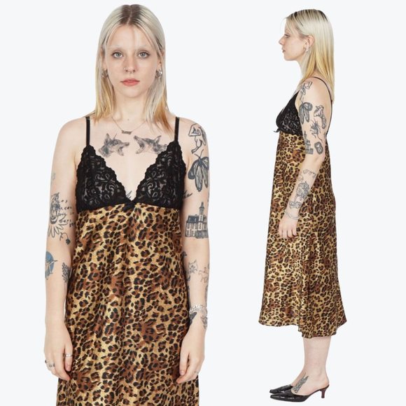 Y2K Cheetah Leopard Animal Print Satin Camisole Midi Dress - Picture 2 of 3
